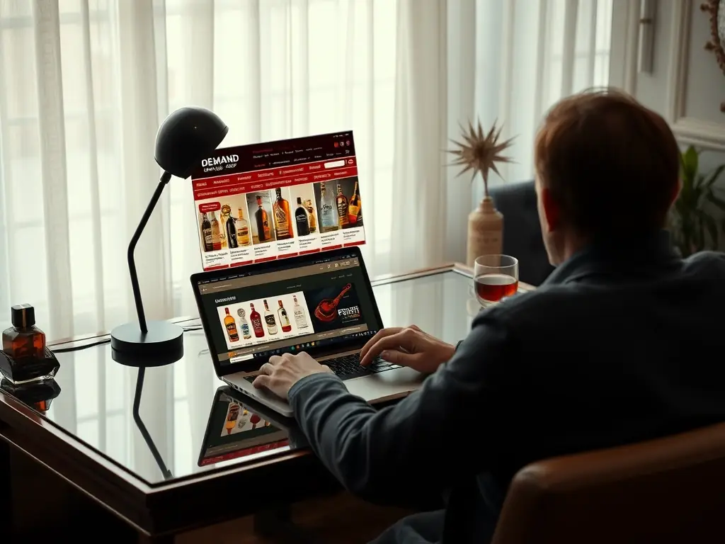 A customer browsing the duty-free alcohol selection on The Demand Smoke Shop website on a laptop, with a focus on the user-friendly interface and detailed product descriptions.