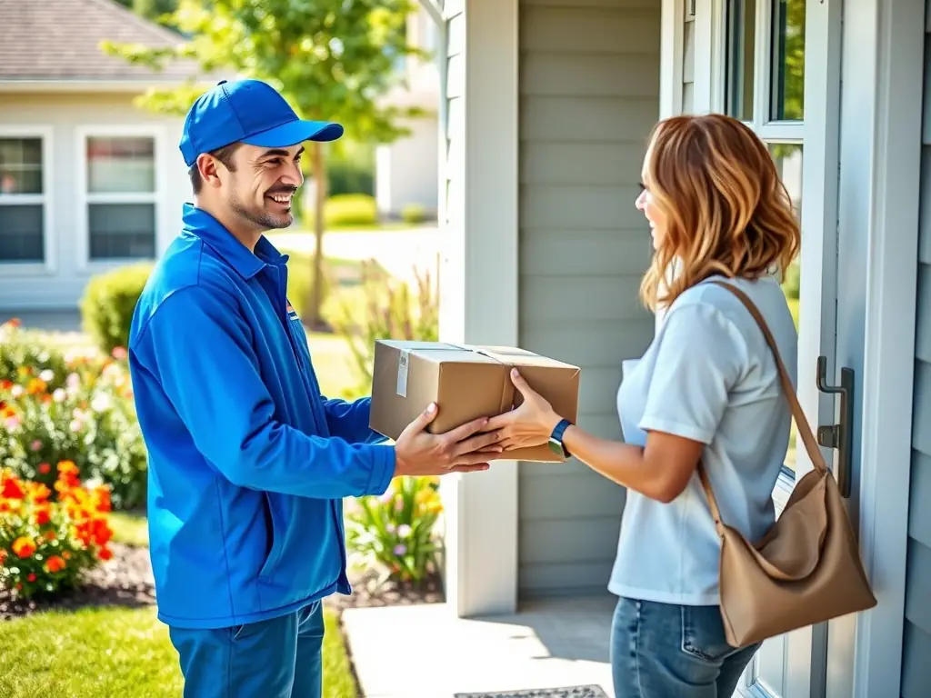 A close-up shot of a delivery driver handing a package containing a bottle of duty-free alcohol to a customer at their doorstep, with a friendly exchange taking place.