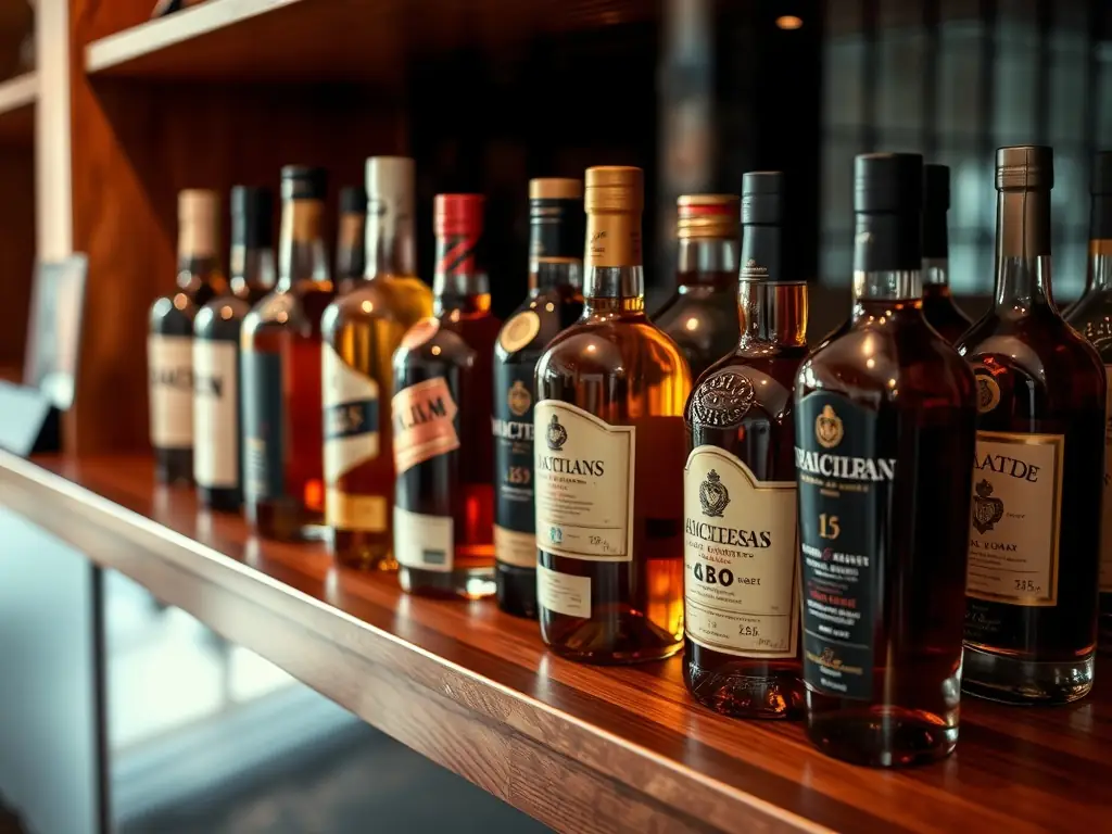 A curated display of various duty-free alcohol bottles, including vodkas, whiskeys, and rums, attractively arranged on a shelf in a modern setting.